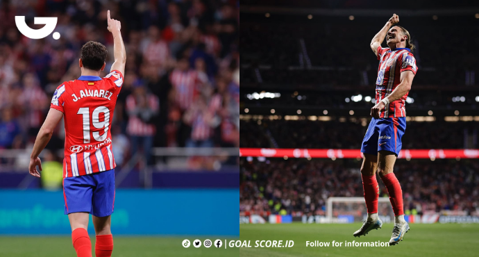 Pemain Atlético Madrid Julián Álvarez merayakan gol bersama rekan setimnya dalam laga La Liga melawan Rayo Vallecano.