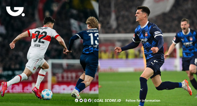 Pemain Heidenheim merayakan gol kemenangan melawan Stuttgart di MHPArena dalam laga Bundesliga 2024/2025.