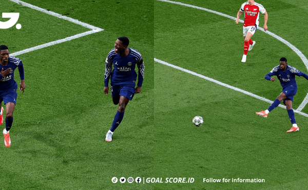 Dembele mencetak gol ke gawang Arsenal dalam laga semifinal Liga Champions antara PSG vs Arsenal di Emirates Stadium, 30 April 2025
