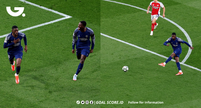 Dembele mencetak gol ke gawang Arsenal dalam laga semifinal Liga Champions antara PSG vs Arsenal di Emirates Stadium, 30 April 2025