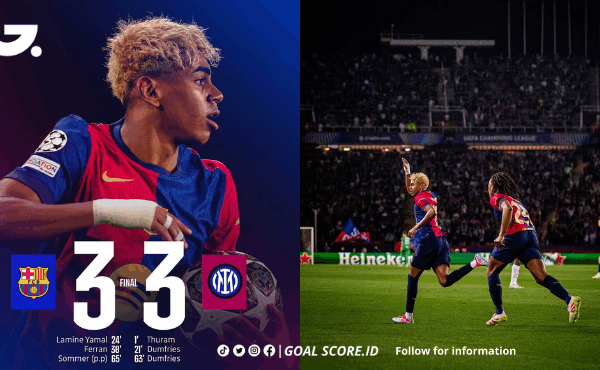 Lamine Yamal menggiring bola melewati dua pemain Inter Milan dalam pertandingan Liga Champions antara Barcelona dan Inter yang berakhir imbang 3-3 di Stadion Montjuïc.