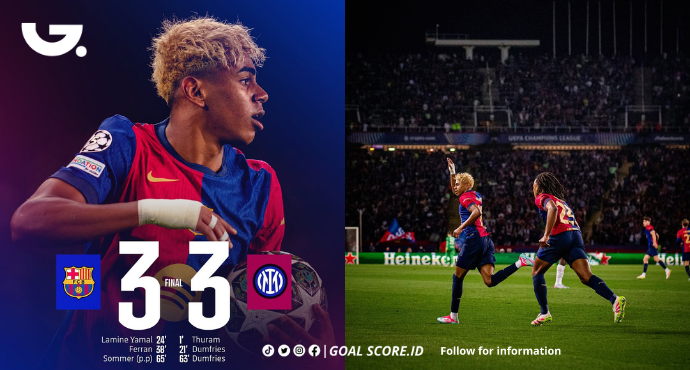 Lamine Yamal menggiring bola melewati dua pemain Inter Milan dalam pertandingan Liga Champions antara Barcelona dan Inter yang berakhir imbang 3-3 di Stadion Montjuïc.