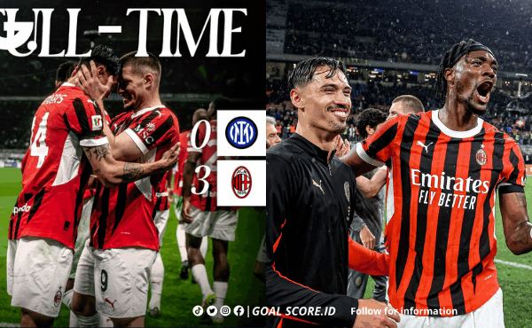 Pemain AC Milan merayakan gol ke gawang Inter Milan dalam laga semifinal Coppa Italia 2025 di Giuseppe Meazza.