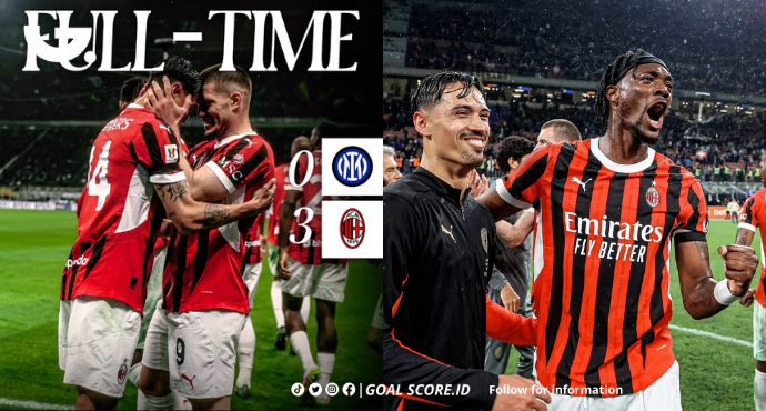 Pemain AC Milan merayakan gol ke gawang Inter Milan dalam laga semifinal Coppa Italia 2025 di Giuseppe Meazza.
