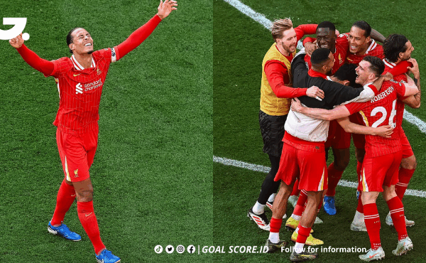 Pemain Liverpool merayakan kemenangan 5-1 atas Tottenham Hotspur di Anfield, memastikan gelar juara Liga Inggris 2024/25.