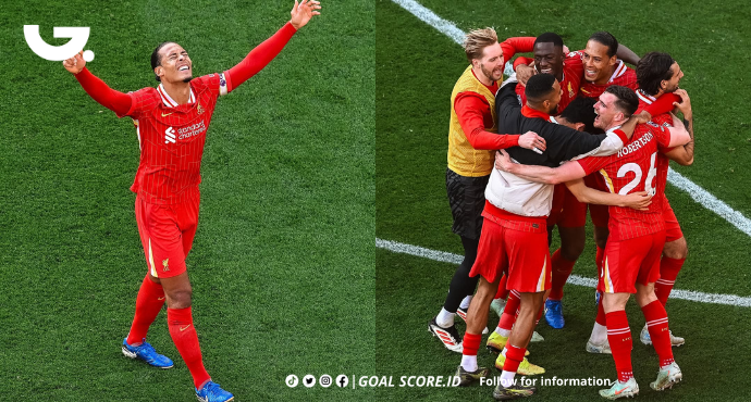 Pemain Liverpool merayakan kemenangan 5-1 atas Tottenham Hotspur di Anfield, memastikan gelar juara Liga Inggris 2024/25.