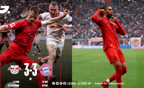 Yussuf Poulsen mencetak gol penyeimbang untuk RB Leipzig ke gawang Bayern Munich di menit akhir pertandingan Bundesliga di Allianz Arena