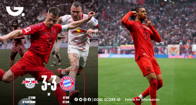 Yussuf Poulsen mencetak gol penyeimbang untuk RB Leipzig ke gawang Bayern Munich di menit akhir pertandingan Bundesliga di Allianz Arena